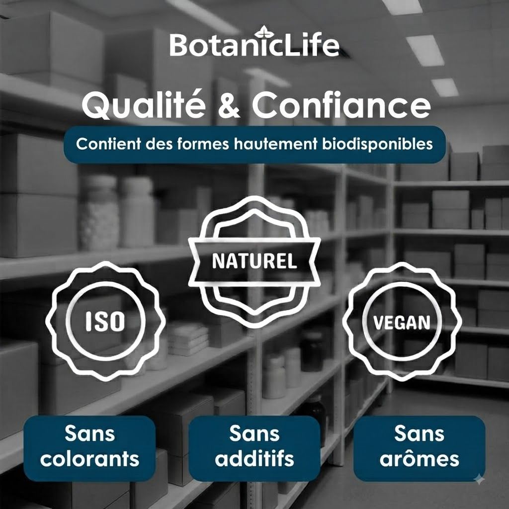BotanicLife: Qualité & Confiance. Contient des formes hautement biodisponibles. ISO, Naturel, Vegan. Sans colorants, additifs, arômes.