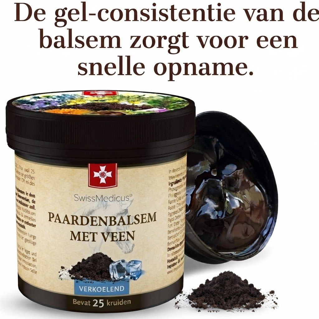 Een pot SwissMedicus Paardenbalsem met veen. Bevat 25 kruiden. Verkoelend.