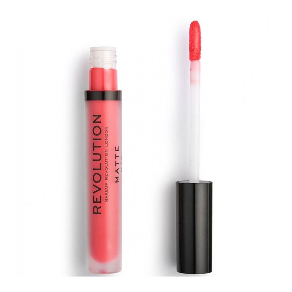 Gloss à lèvres rouge en tube. Inscription: Makeup Revolution London Matte. Avec applicateur.