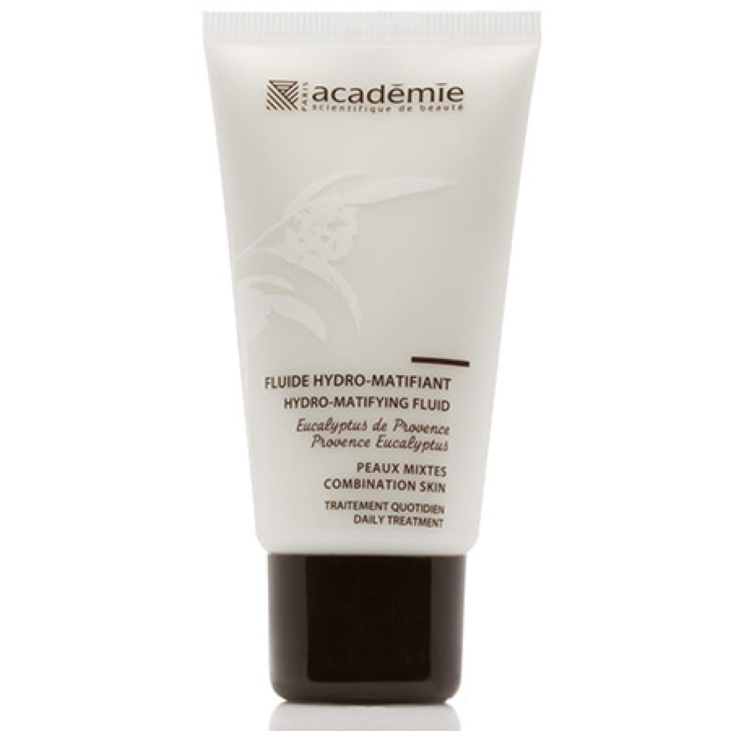 Witte tube met zwarte dop. Opschrift: Académie, Fluide Hydro-Matifiant, Eucalyptus de Provence, Peaux Mixtes, Combination Skin.