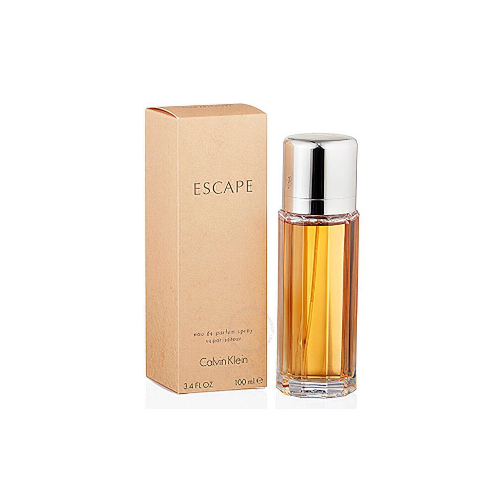 Flacon de parfum et emballage. Flacon avec bouchon argenté et liquide ambré. Emballage avec "ESCAPE" et "Calvin Klein".