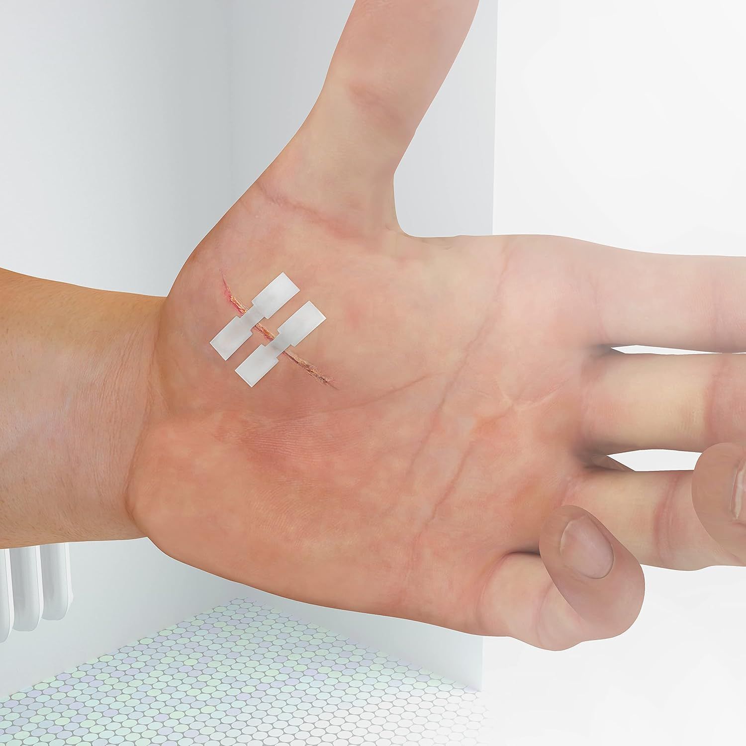 Handpalm met twee Cutiderm vlindernaadstrips voor wondverzorging.