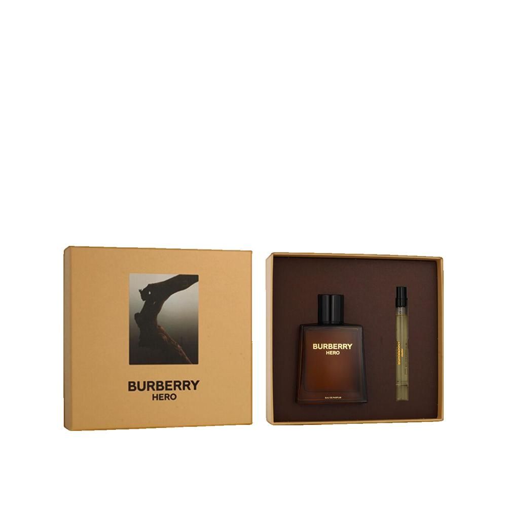 Burberry Hero parfum in geschenkverpakking. Bruine fles, proefmonster. Doos met logo en afbeelding.