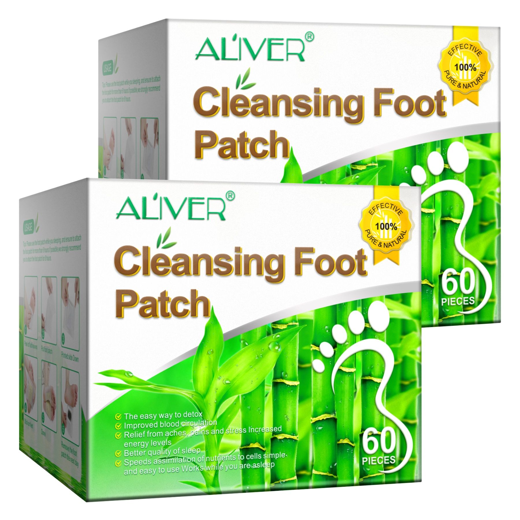 Deux boîtes de patchs pour les pieds ALIVER. Inscription : Cleansing Foot Patch. 60 pièces. Design vert et blanc avec motif bambou.
