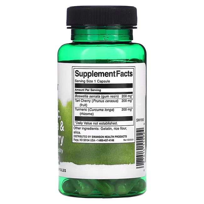 Flacon vert avec gélules. Dos avec informations nutritionnelles. Ingrédients: Boswellia, Cerise, Curcuma.