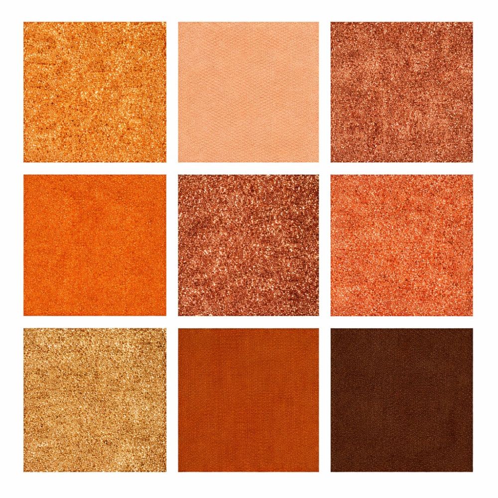 Neuf échantillons de texture carrés dans diverses nuances d'orange, du rose pâle au brun foncé.