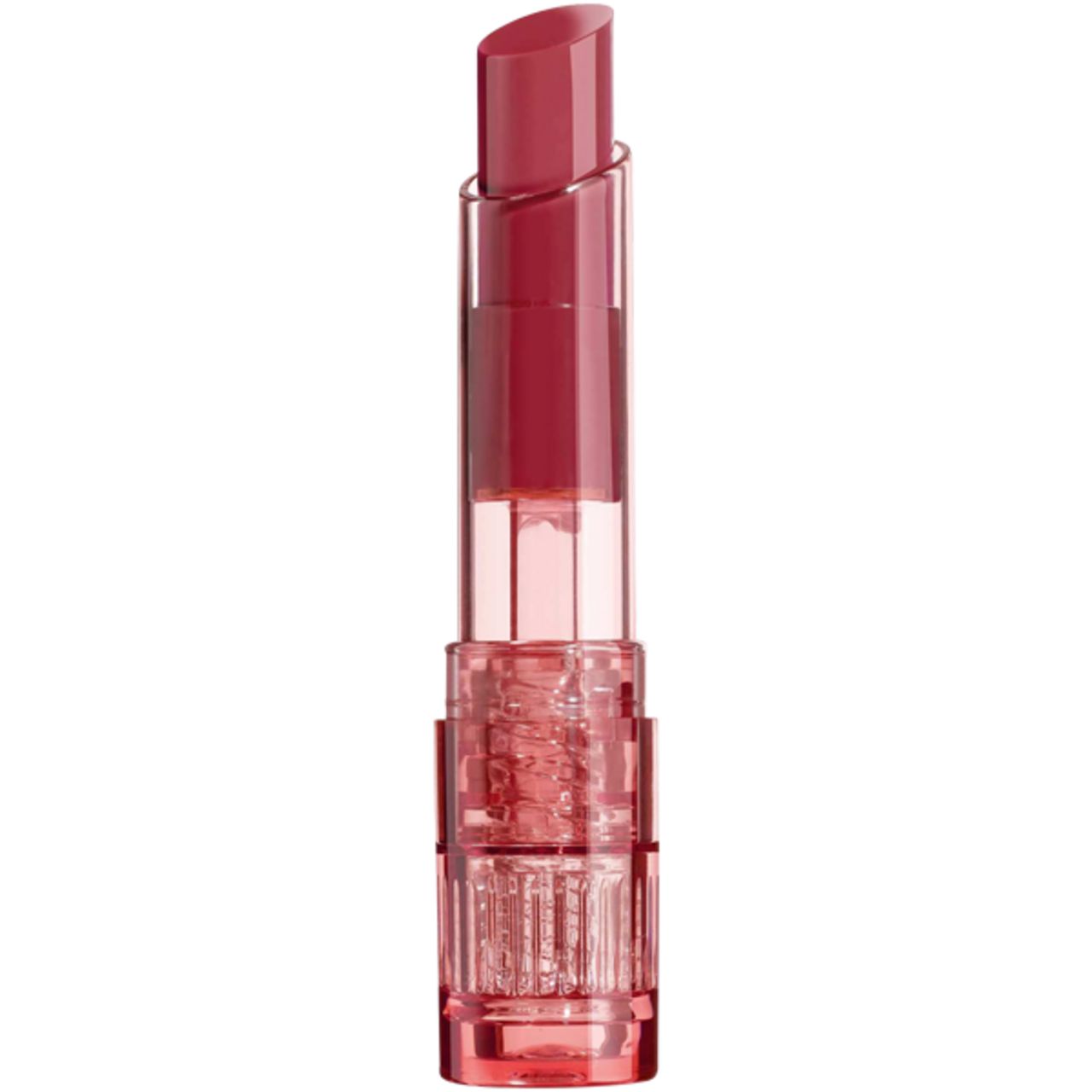 Baume à lèvres rose dans un étui transparent géométrique. Le rouge à lèvres est visiblement sorti.