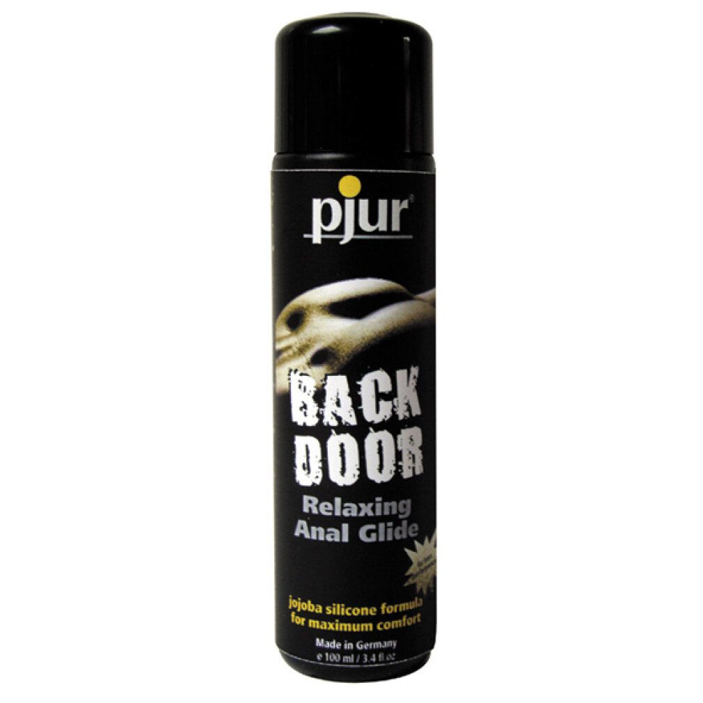 Flacon noir avec logo jaune. Inscription: BACK DOOR Relaxing Anal Glide. Avec jojoba. Fabriqué en Allemagne.