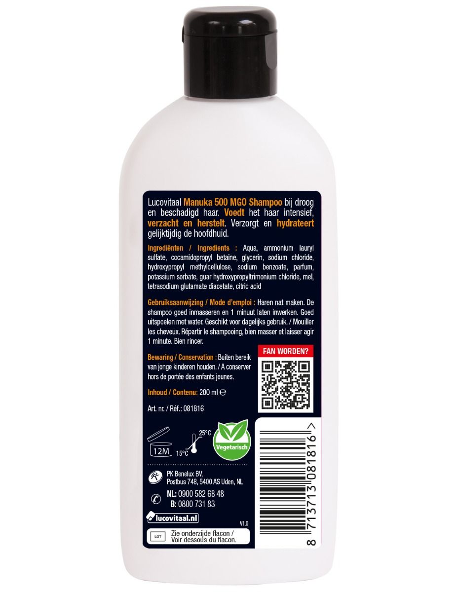 Achterkant van de Lucovitaal Manuka shampoo fles. Zwarte dop, witte fles. Etiket met tekst en QR-code.