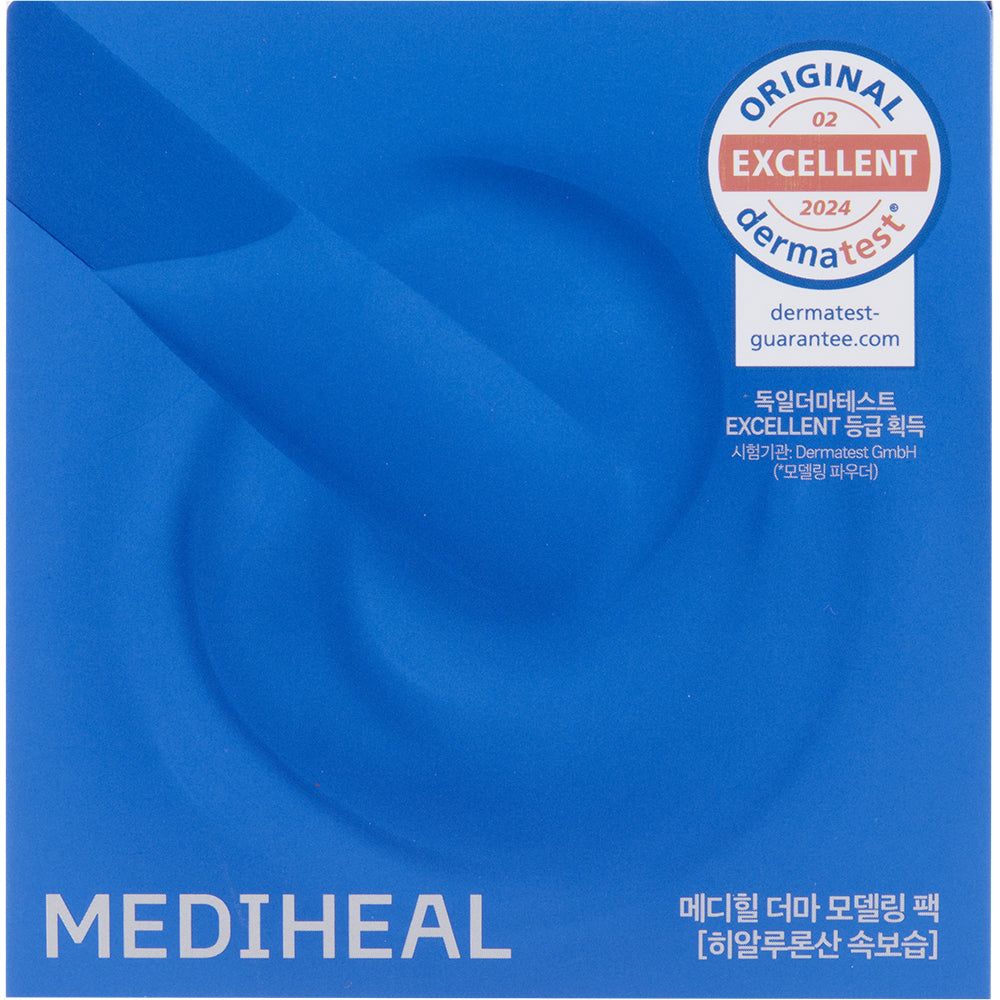 Blauwe verpakking met MEDIHEAL-logo en Koreaanse tekst. Dermtest-certificering.