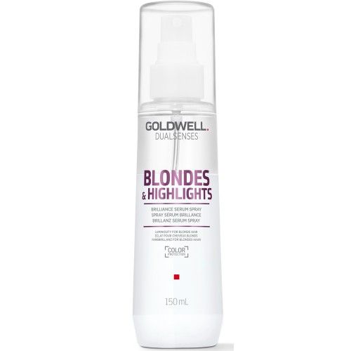 Goldwell Dualsenses Blondes & Highlights Serum Spray. Flacon blanc avec vaporisateur. Nom du produit et logo visibles.