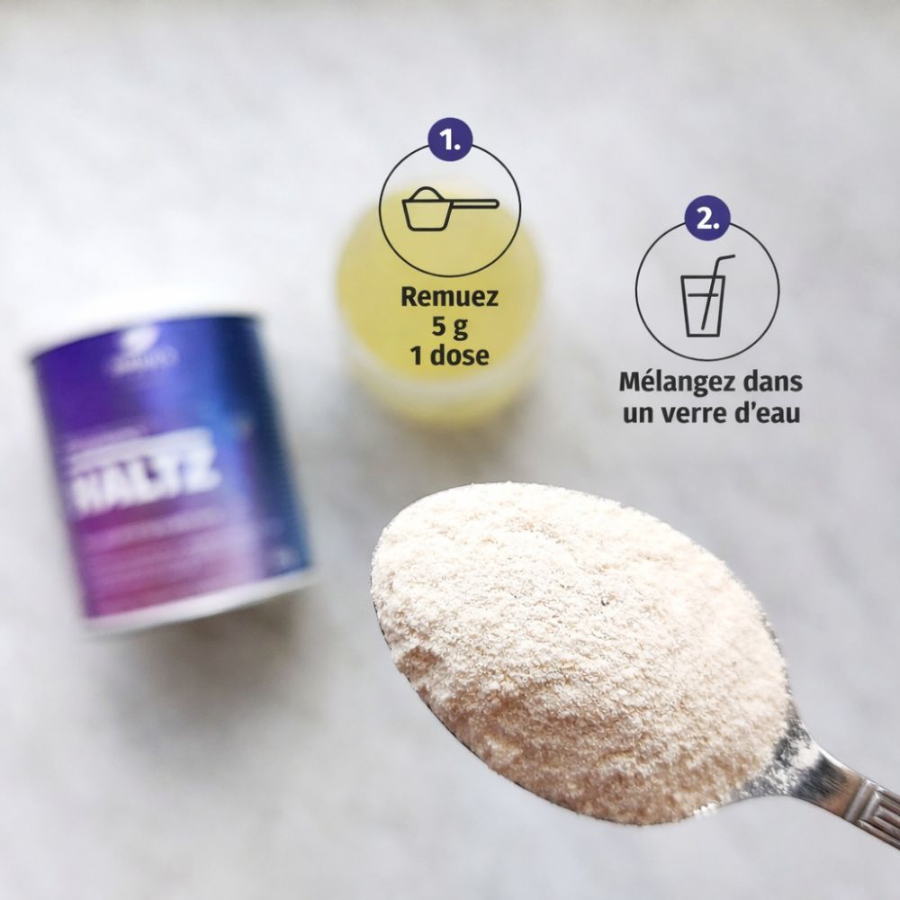 Cuillère de poudre, à côté boîte "HALTZ" et liquide jaune. Instructions: 5g dans 1 dose, mélanger dans l'eau.