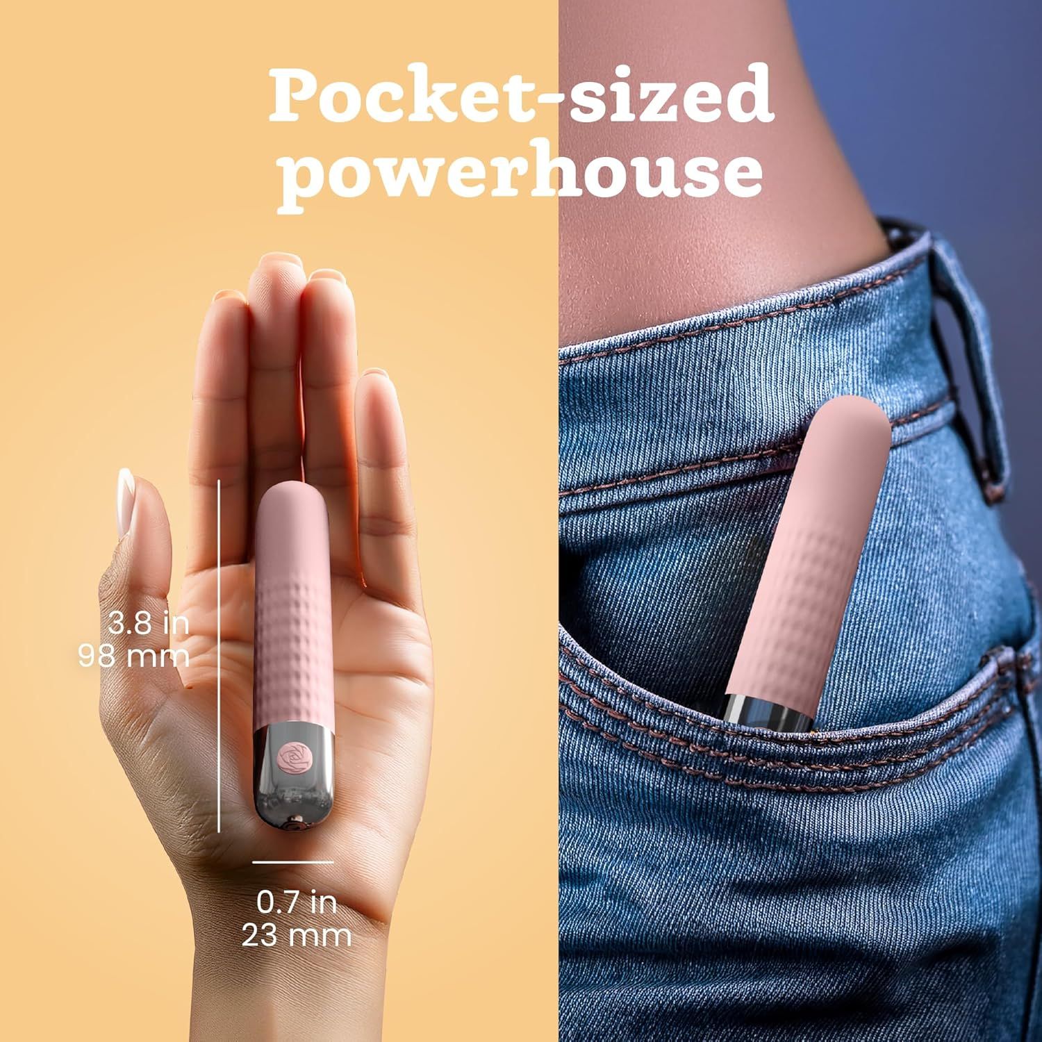 Roze Bullet Vibrator, 98 mm lang, 23 mm breed, in hand en broekzak.
