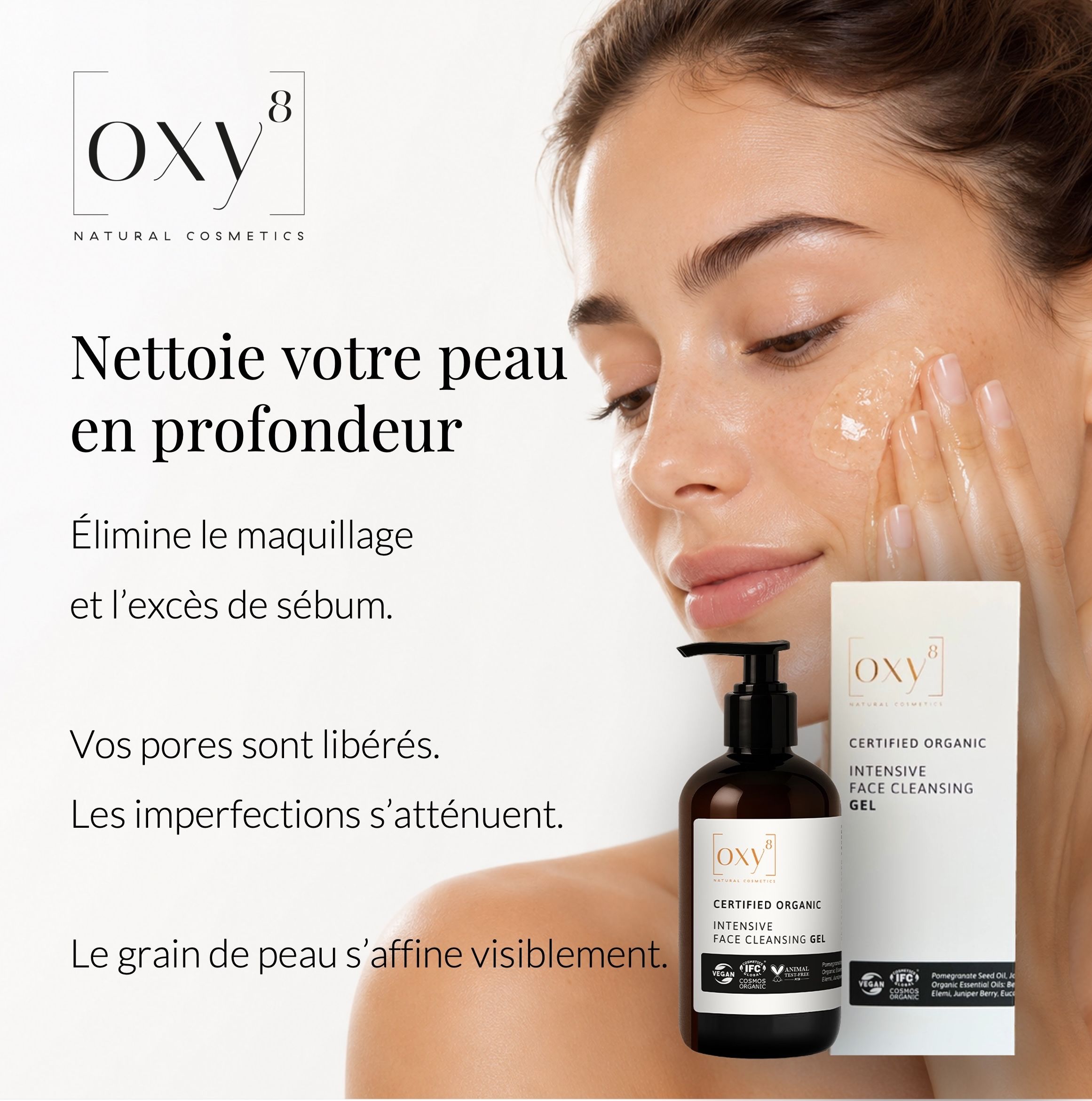 Femme avec visage, flacon, emballage produit, texte: oxy8, Intensive Face Cleansing Gel.