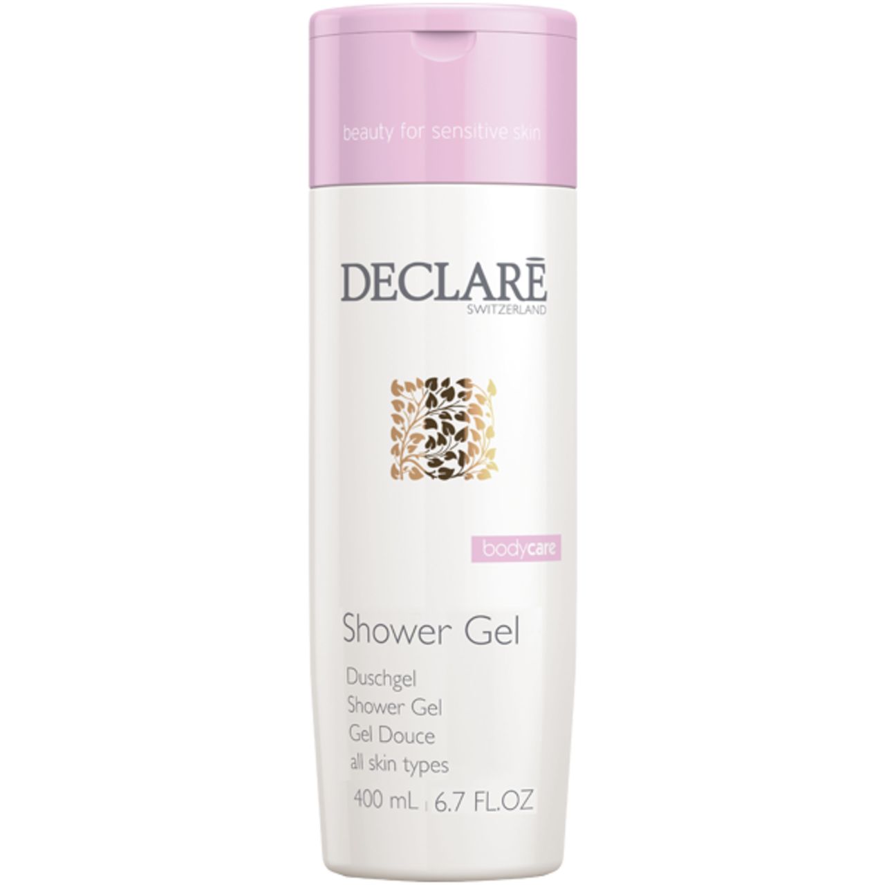 Gel douche blanc avec bouchon rose. Inscription Declare, texte 'Shower Gel' et 'bodycare'.