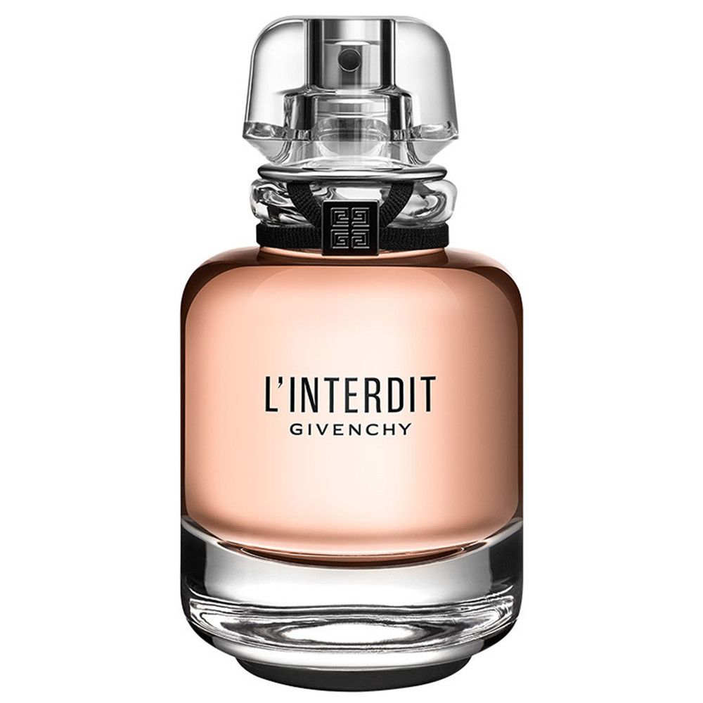 Flacon de parfum avec bouchon transparent. Contenu rosé. Col noir. Inscription L'Interdit Givenchy.