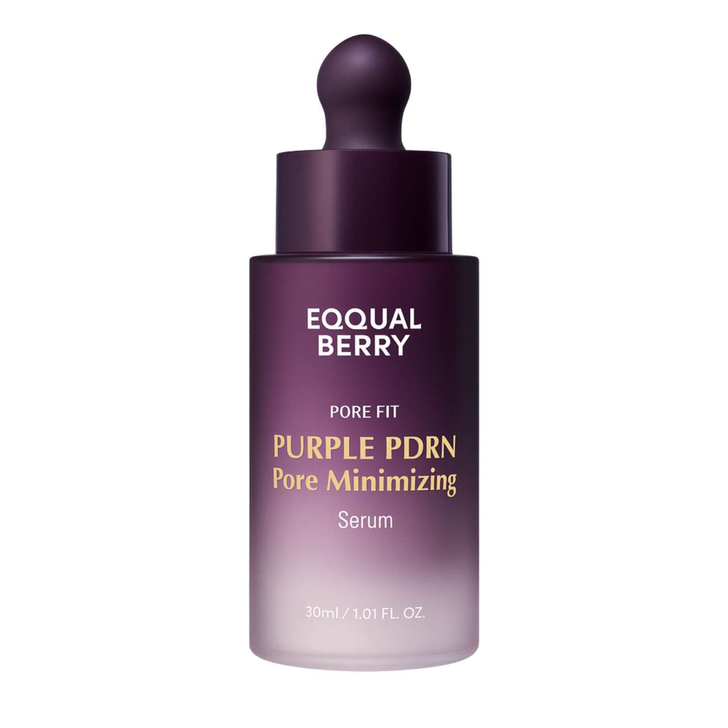 Flacon de sérum violet avec compte-gouttes. Inscription: EQQUALBERRY, PURPLE PDRN Pore Minimizing Serum. 30ml/1.01 fl. oz.