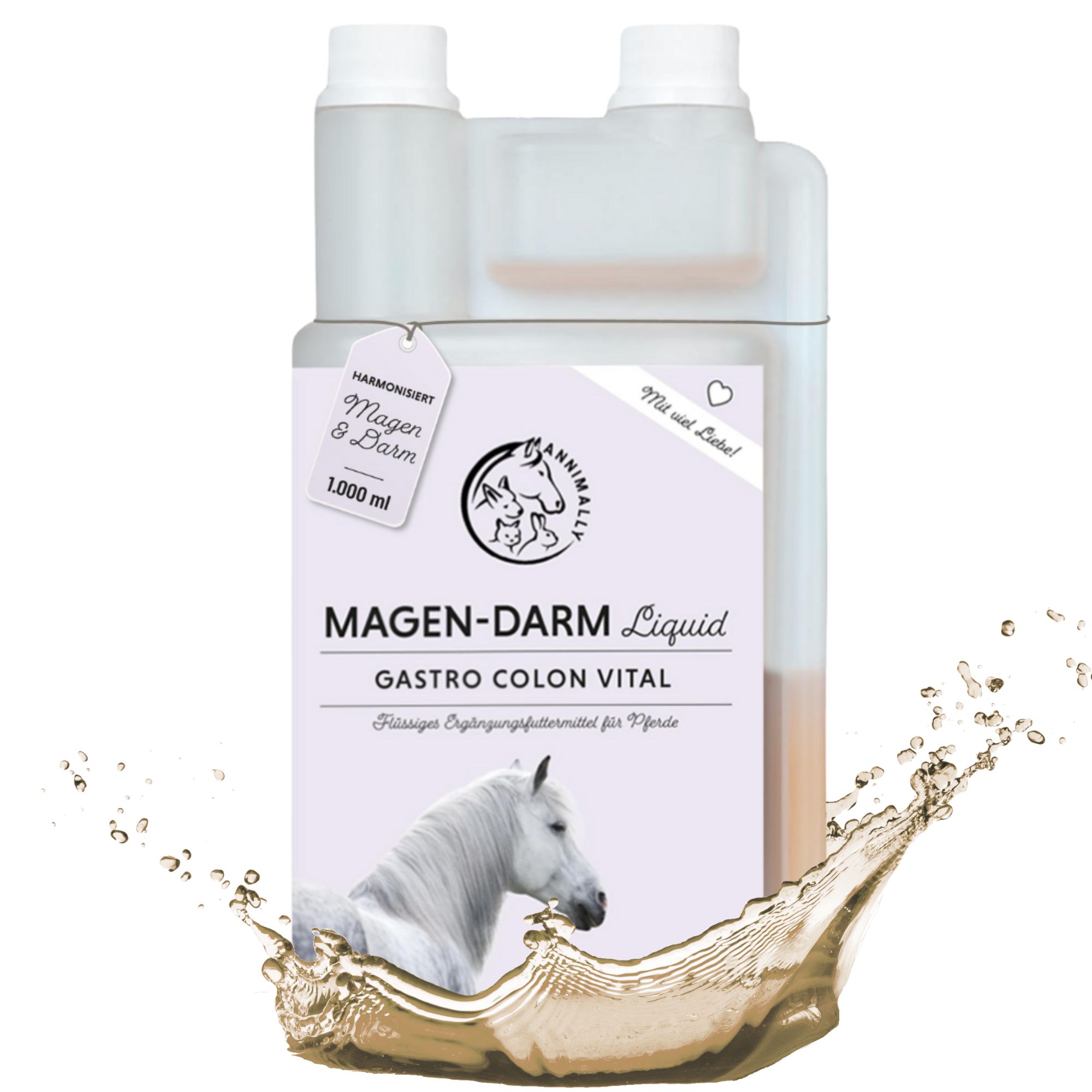 Flacon de liquide. Inscription: Magen-Darm Liquid, Gastro Colon Vital. Logo cheval. 1000 ml.