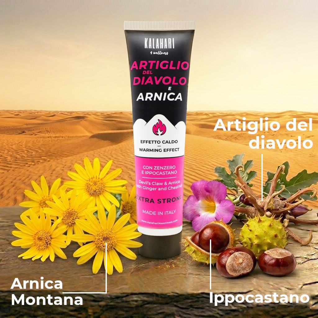 Gel KALAHARI Artiglio del Diavolo e Arnica avec Griffe du diable, Arnica, Gingembre et Marronnier d'Inde dans un paysage désertique.
