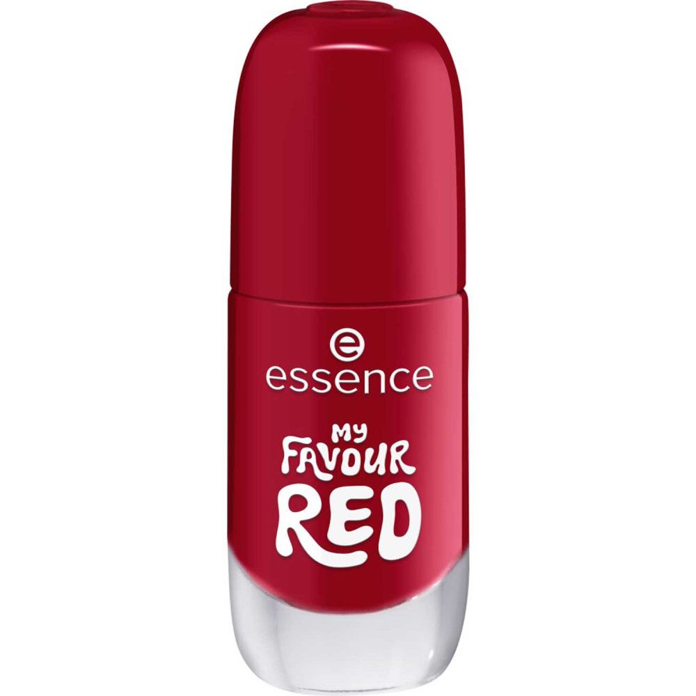 Vernis à ongles rouge, flacon fermé. Inscription "essence", "MY FAVOUR RED".