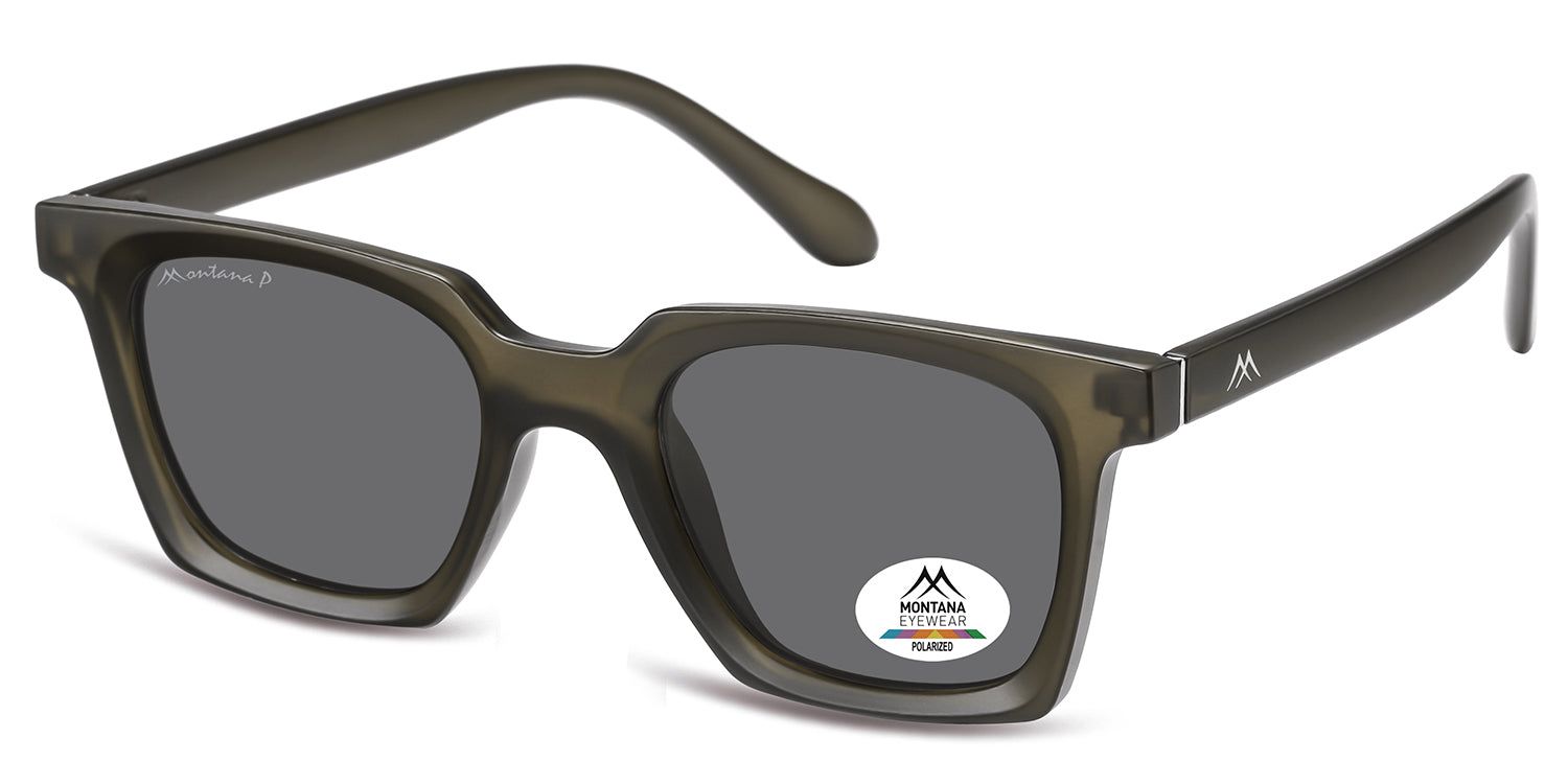 Lunettes de soleil carrées avec monture grise. Logo Montana Eyewear sur la branche et autocollant sur le verre.