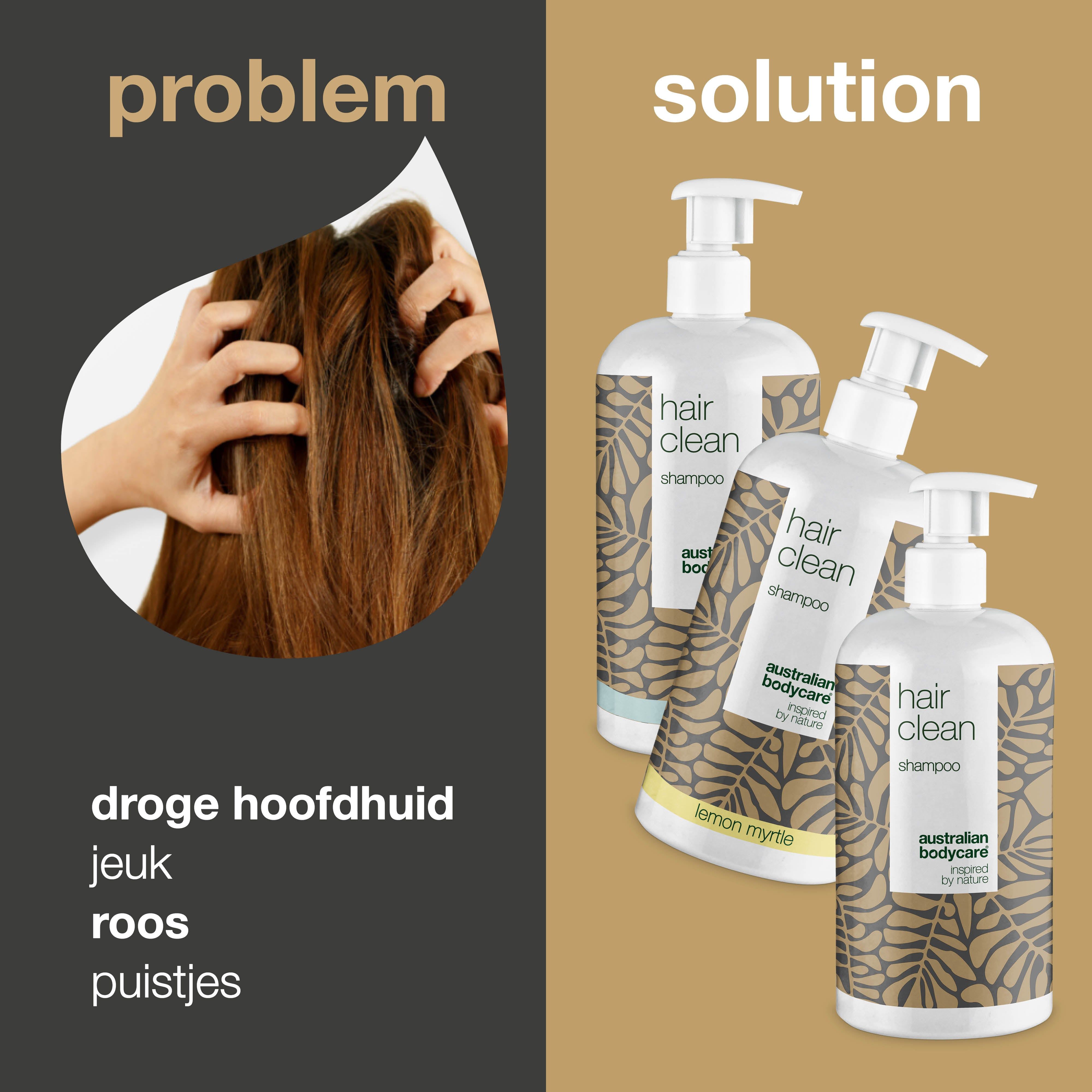 Probleem: droge hoofdhuid, jeuk, roos, puistjes. Oplossing: drie shampoo flessen.