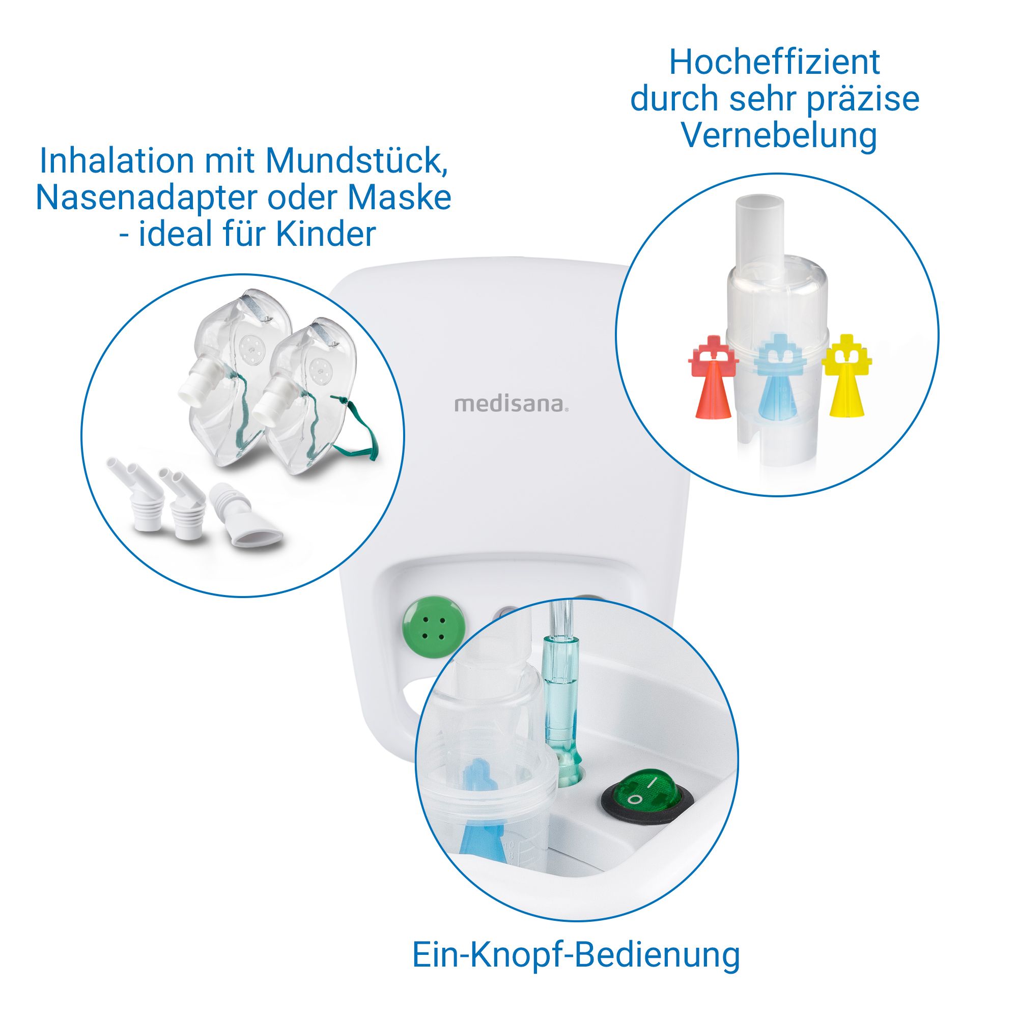 Medisana IN 500 inhalator: bediening met één knop, maskers, mondstuk, neusadapter.