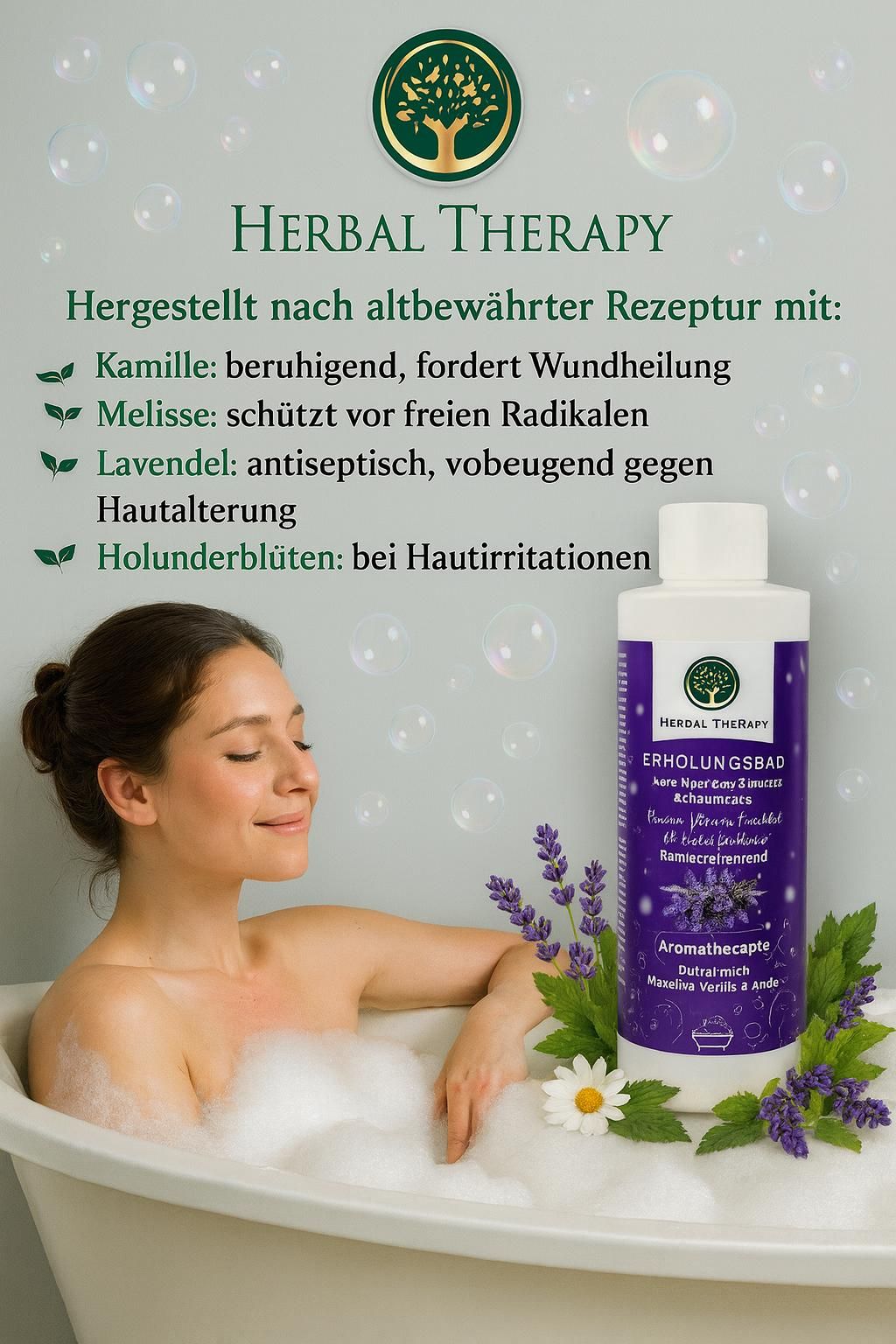 Vrouw in bad met schuim. Fles Herbal Therapy ontspanningsbad. Kruiden en bloemen naast de badkuip. Tekst: kamille, citroenmelisse, lavendel, vlierbessen.