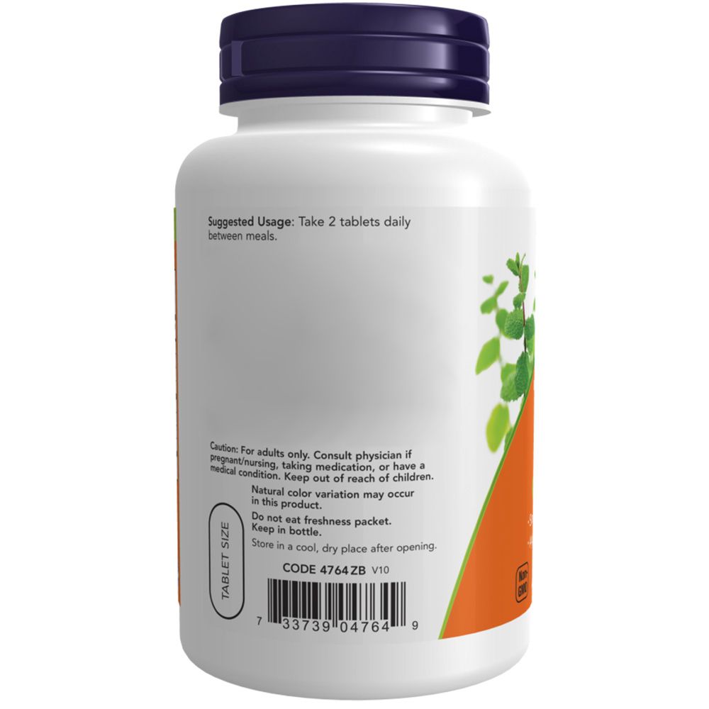 Achterkant van een Now Foods Triphala 500 mg fles met gebruiksaanwijzing en waarschuwingen.