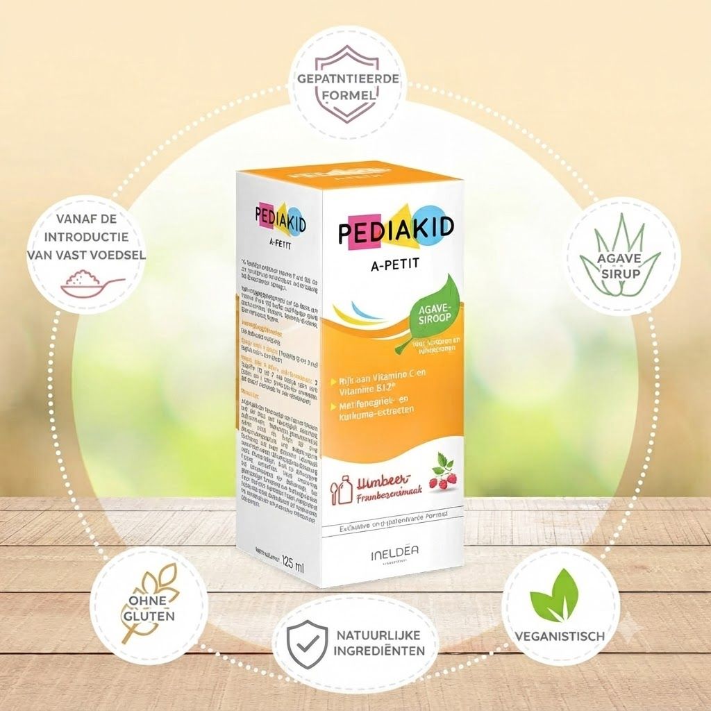 PEDIAKID® A-PETIT doos met informatie over ingrediënten en glutenvrij.