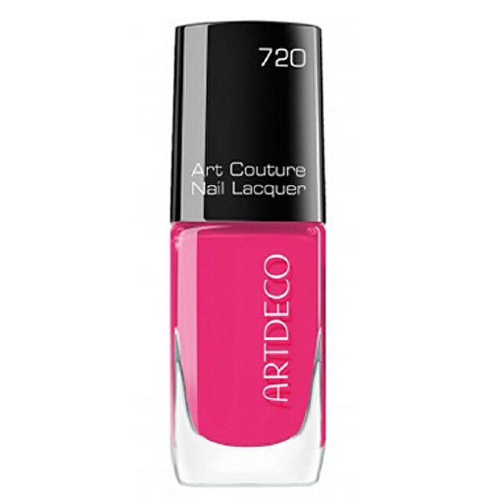 Nagellakfles, kleur 720. ARTDECO-logo en Art Couture Nail Lacquer-tekst op de fles.