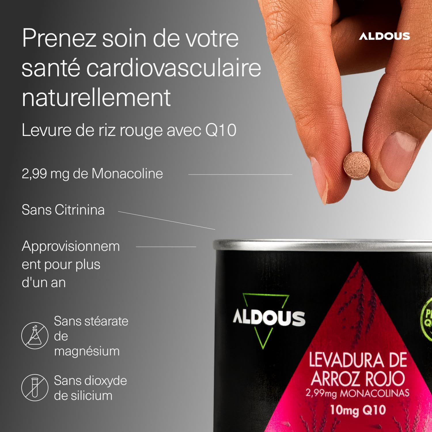 Gélule Aldous levure de riz rouge avec Q10, 2,99mg de monacoline, sans citrinina, stéarate de magnésium, dioxyde de silicium.