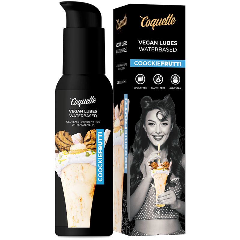 Flacon noir avec pompe et emballage. Inscription : Coquette, Vegan Lubes Waterbased, Cookie Frutti. Illustration d'un dessert et d'une femme.