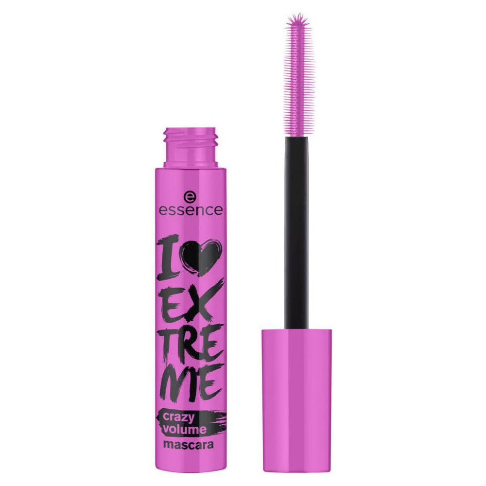 Mascara Essence I LOVE EXTREME, tube rose avec texte noir. Brosse sortie. Brosse noire, poils roses.