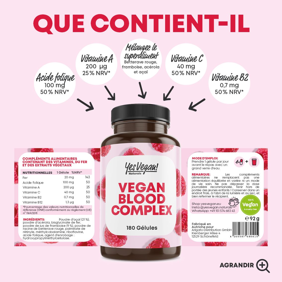 Bouteille avec motif de framboises, entourée de cercles montrant vitamines et ingrédients (Français).