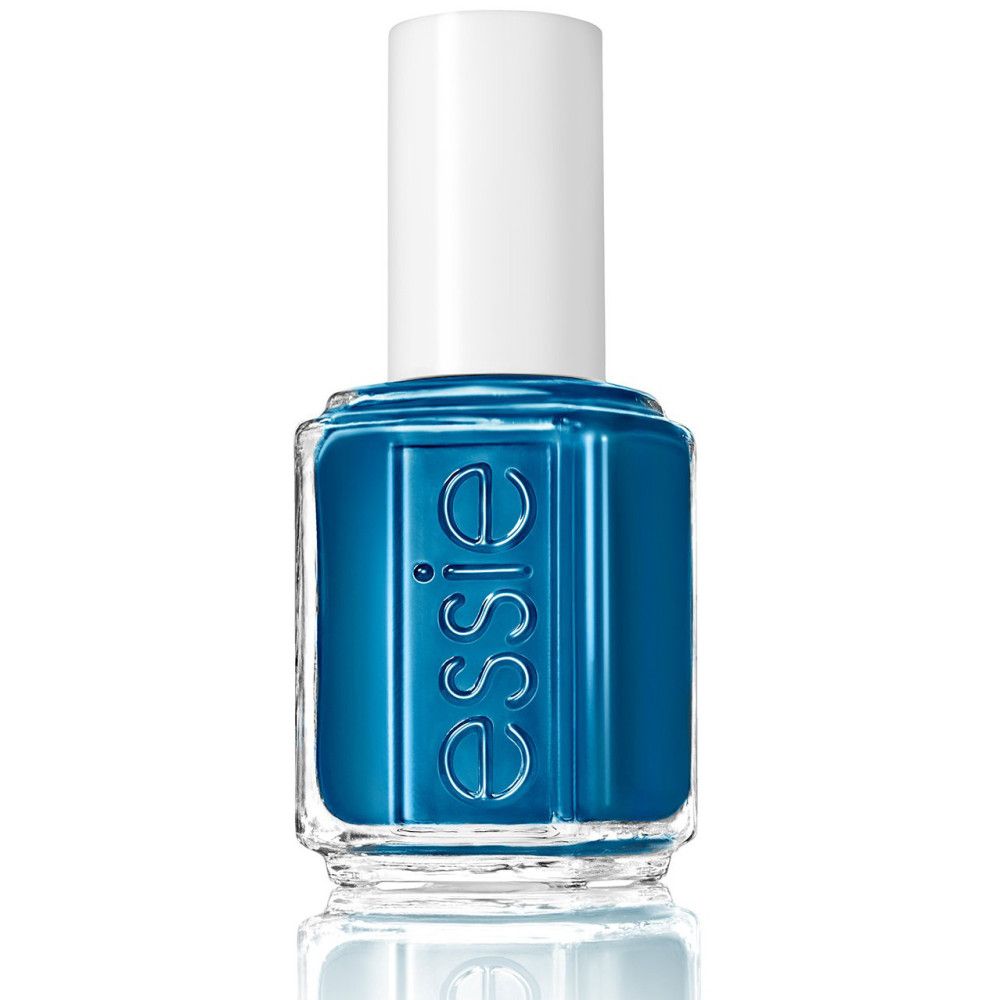 Essie nagellakfles, blauw. Witte dop, vierkante vorm. Opschrift: Essie, nail lacquer, nagellack, vernis à ongles.