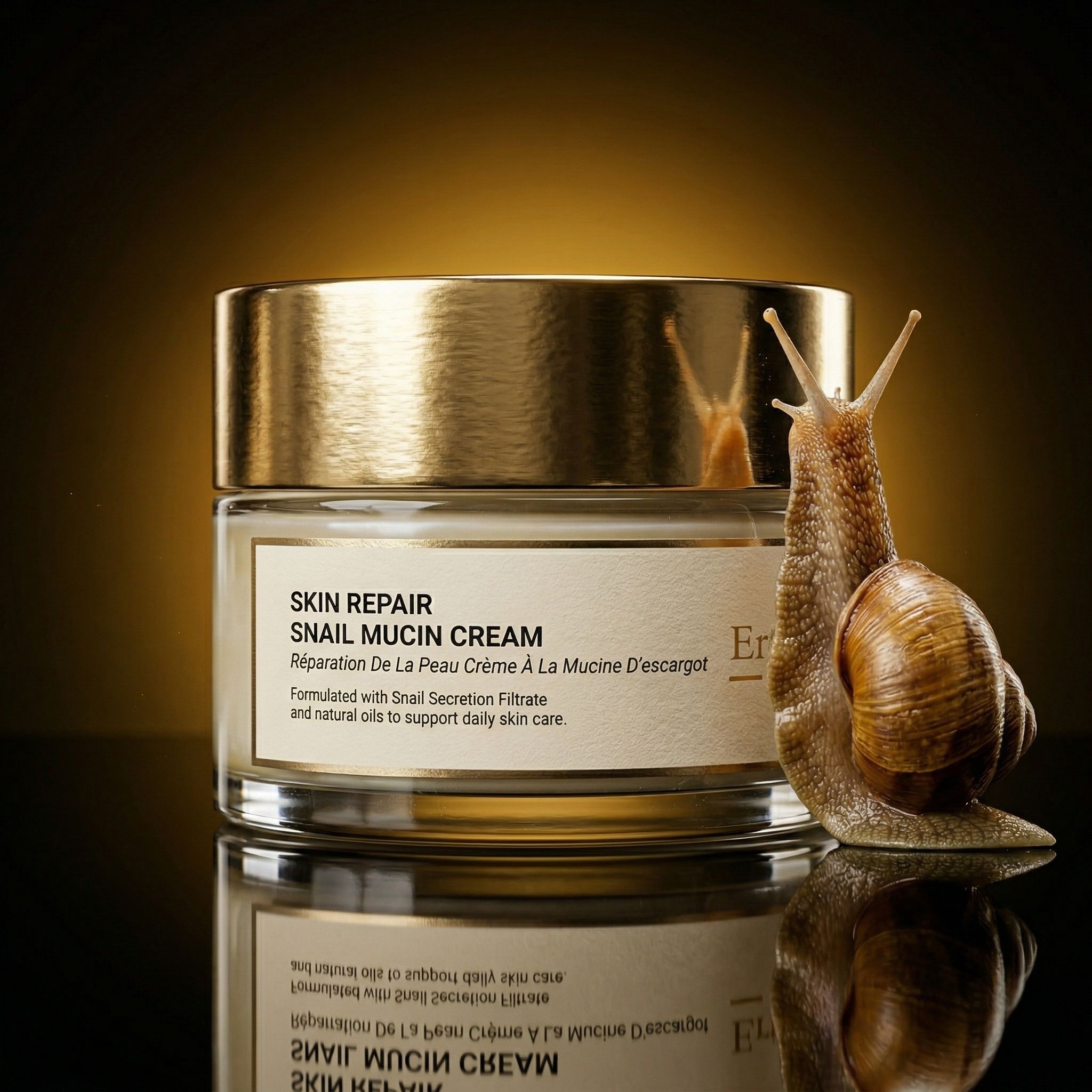 Glazen pot met gouden deksel en slak. Opschrift: Skin Repair Snail Mucin Cream. Merk: ErthSkin London.