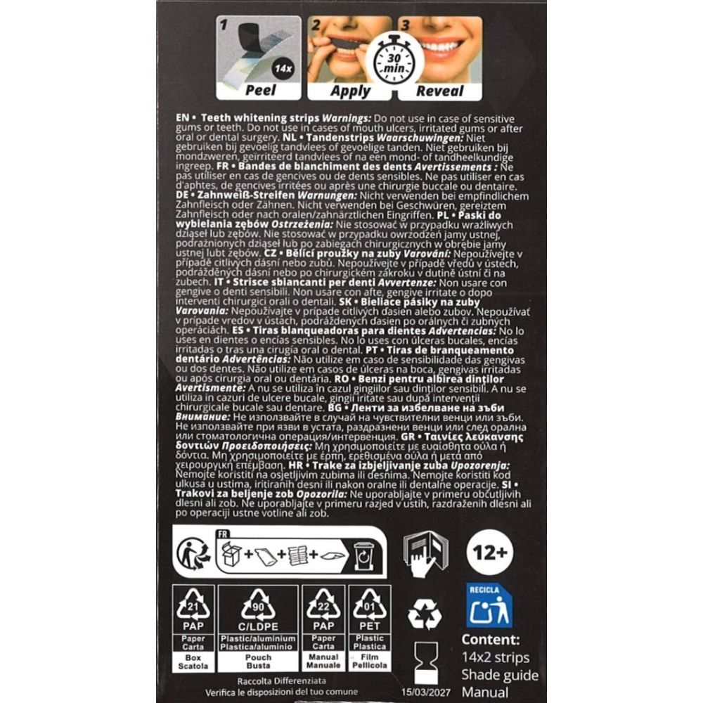Dos de l'emballage avec texte et symboles. Texte en plusieurs langues. Symboles de recyclage et d'âge.