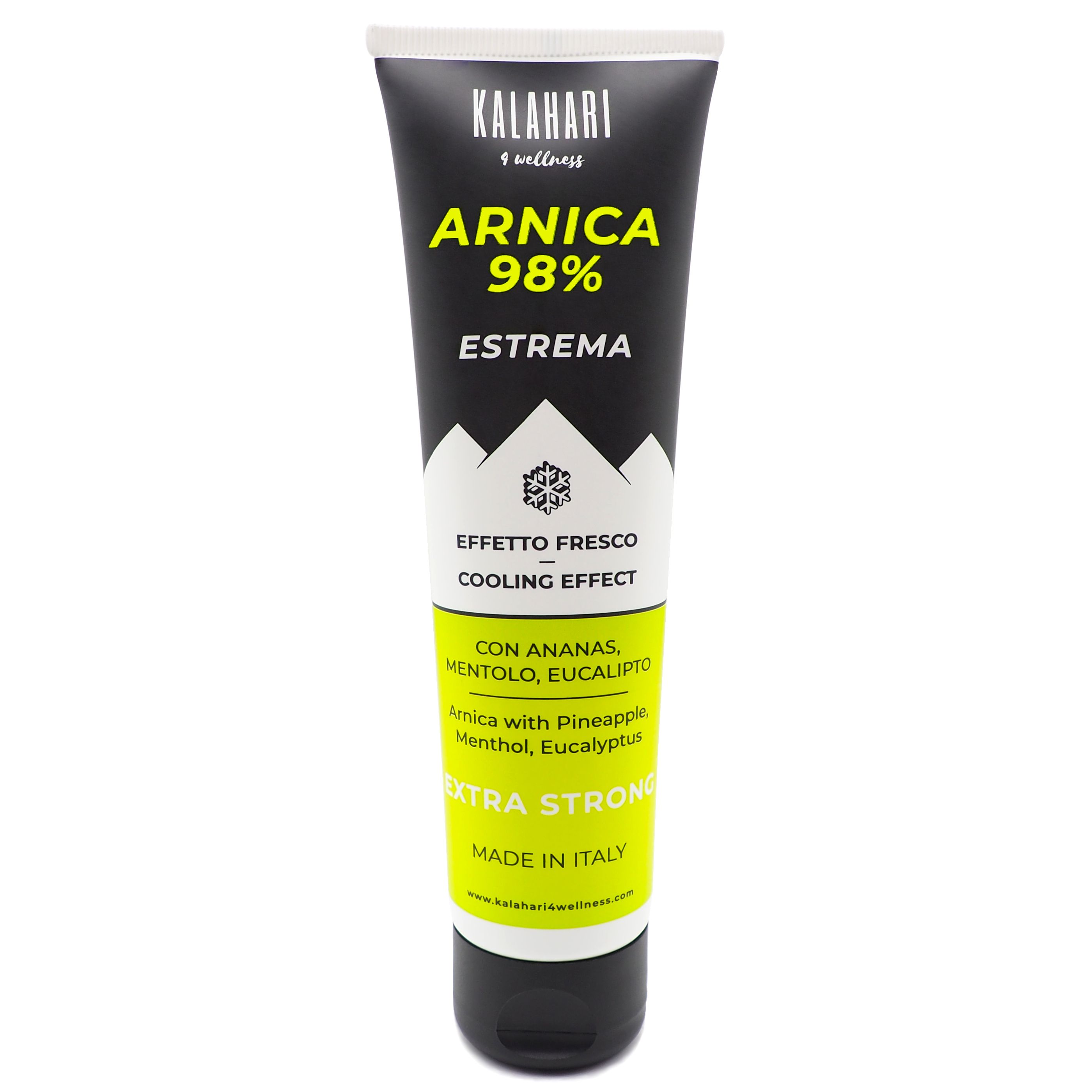 Tube noire avec étiquette jaune, inscription "Arnica 98% Estrema" et "Cooling Effect".