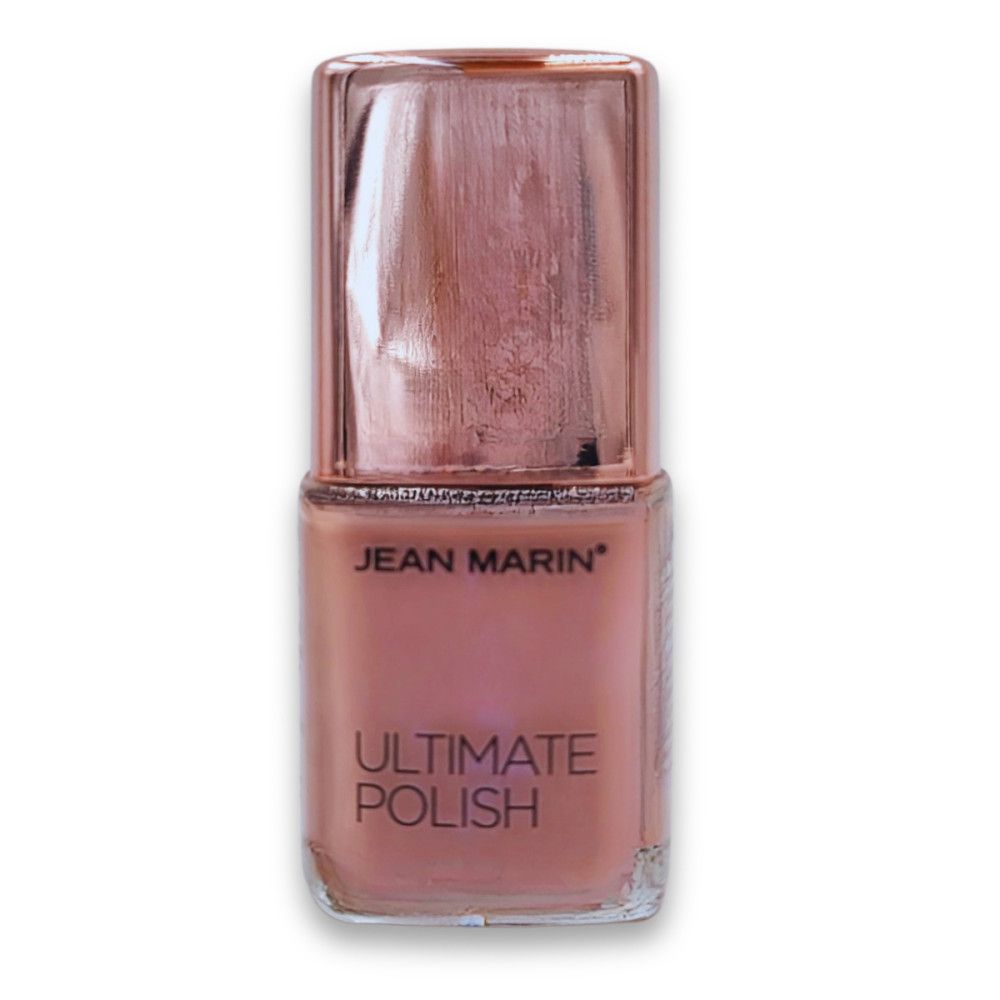 Flacon de vernis à ongles avec contenu et bouchon roses. Inscription 'Jean Marin' et 'Ultimate Polish'.
