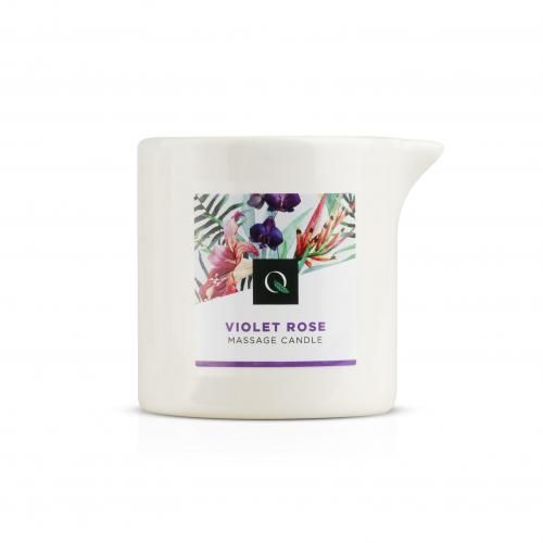 Witte keramische houder met schenktuit. Sticker met bloemenpatroon en tekst: Violet Rose Massage Candle.