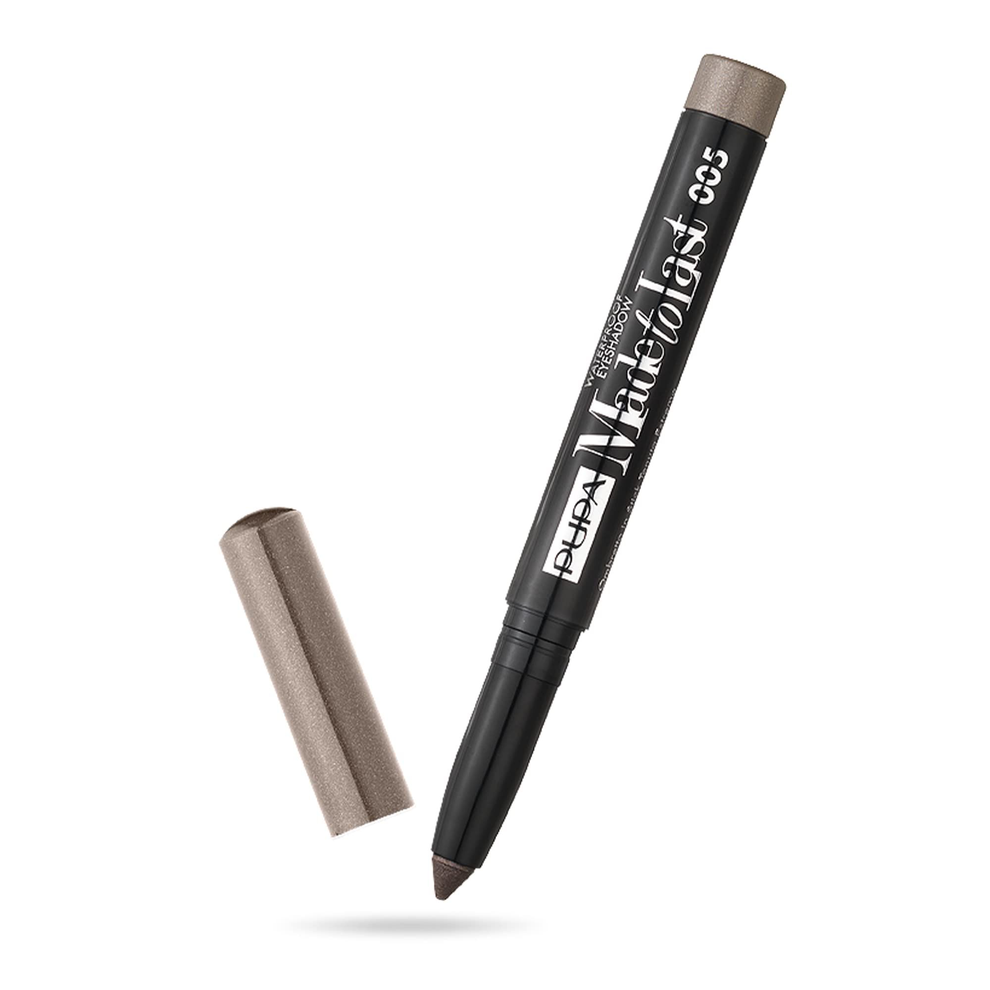 Oogmake-up potlood. Zwart-grijze stift met afneembare dop. Tekst: Made To Last, 005.