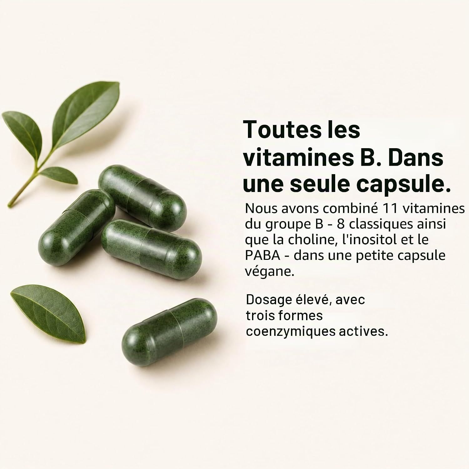 Cinq gélules vertes sur fond clair, avec des feuilles vertes à côté.