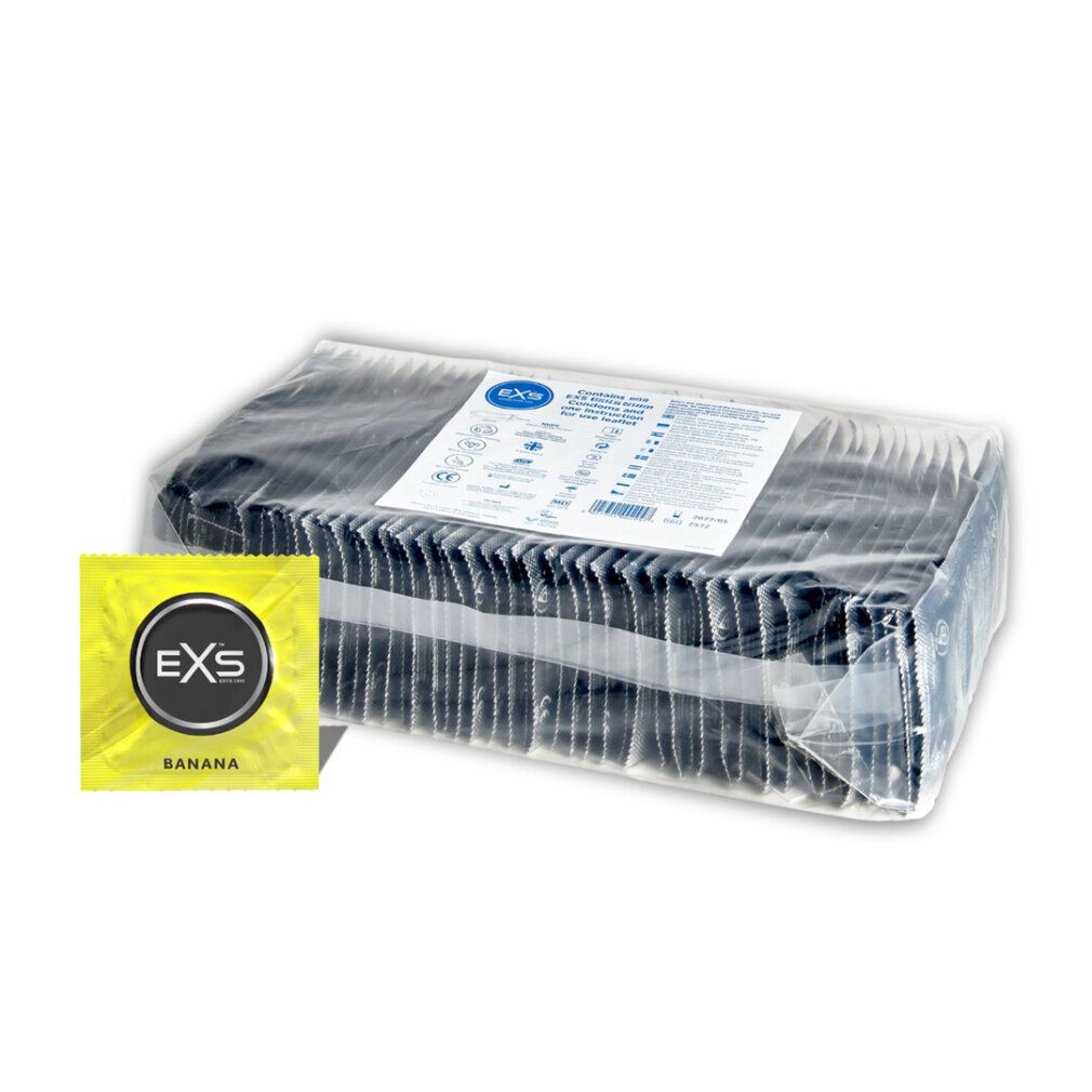 Grande boîte de préservatifs EXS Banana, emballés individuellement.