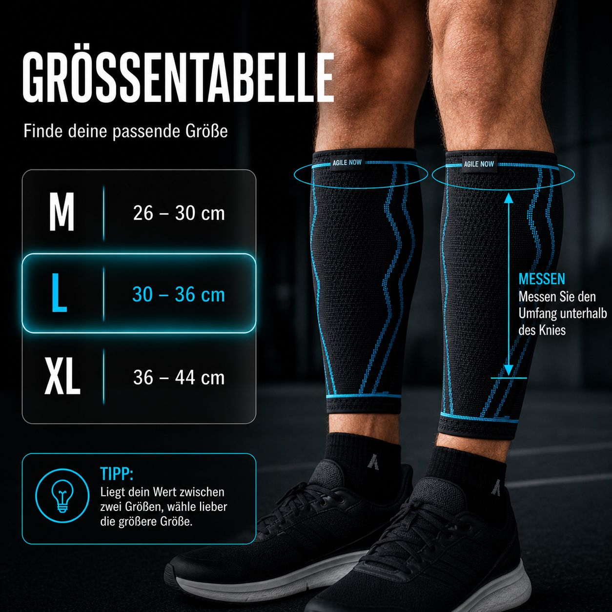 Maattabel M, L, XL. Zwarte kuitbandages met blauwe lijnen. Meetinstructies onder de knie.