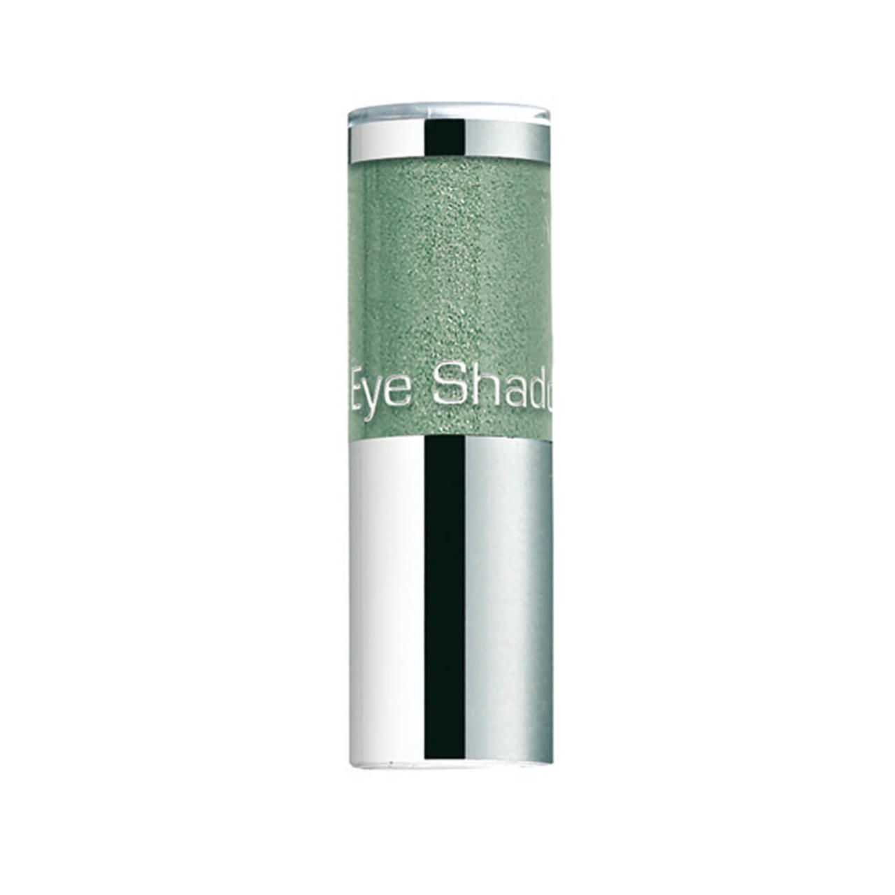 Cilindrische houder met groene oogschaduw. Zilverkleurig deksel en onderkant. Opschrift: Eye Shadow.