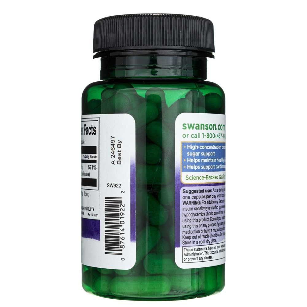 Achterkant van de fles Swanson Chromium Picolinate met gebruiksinstructies.