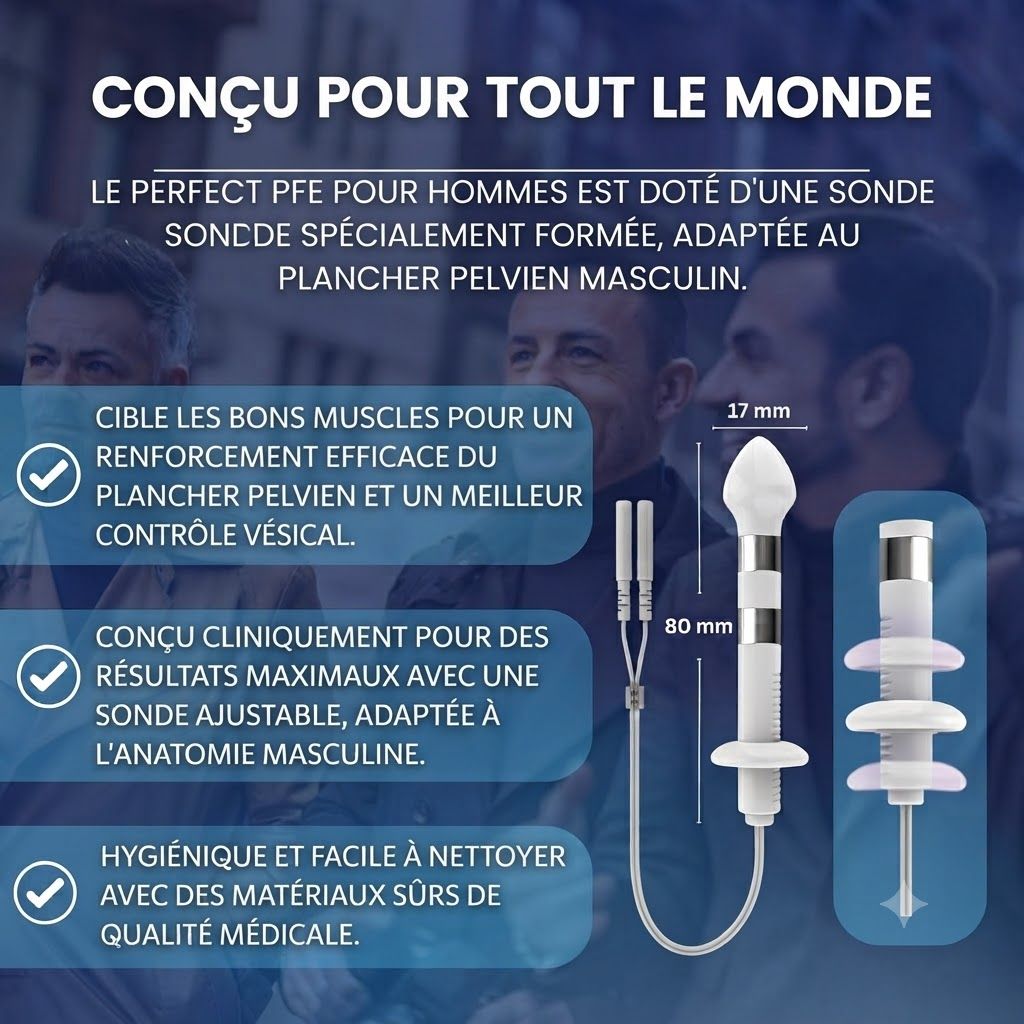 Un stimulateur du plancher pelvien masculin blanc, avec une sonde de 80 mm et une pointe de 17 mm.