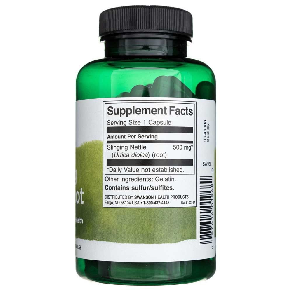 Gélule verte avec étiquette "Supplement Facts" indiquant Racine d'ortie (Urtica dioica) 500 mg par gélule.