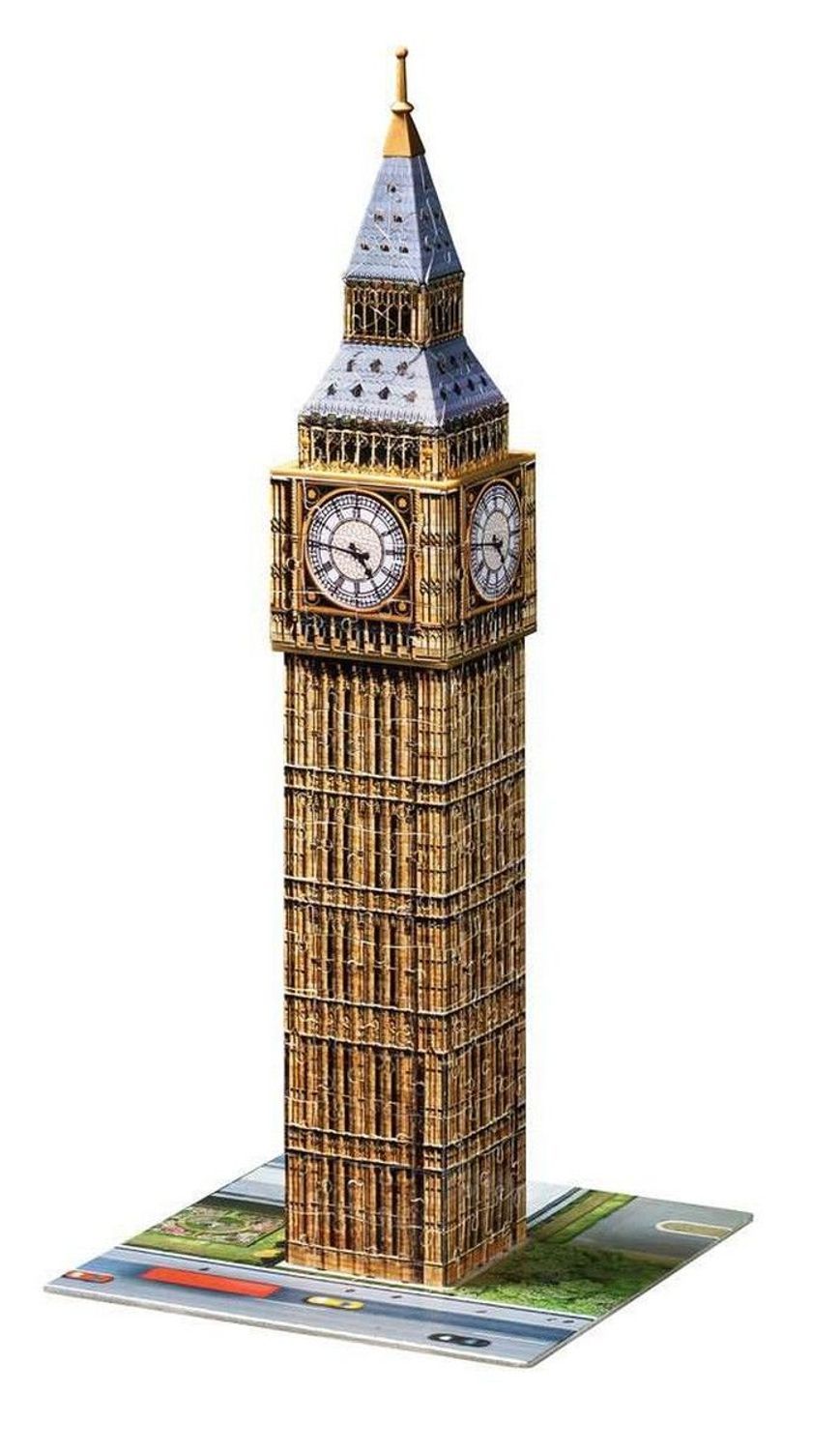Afgebouwde 3D-puzzel Big Ben. Toren met uurwerk, op een grondplaat. Goudkleurige en grijze elementen. Zonder lijm.